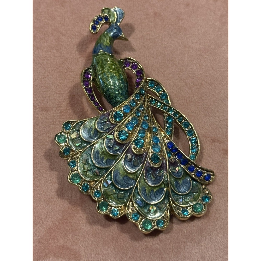 Liz Claiborne Vintage Peacock Brooch Enamel Rhinestones Costume‎ Jewelry Rare